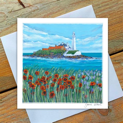 St Mary's Lighthouse in Bloom-greetings Card by Artist Joanne Wishart, North Tyneside Island - Etsy