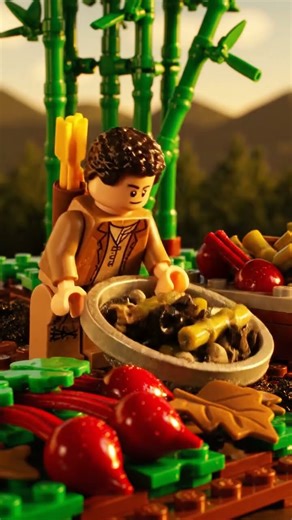 A Peaceful Day in the Garden: Lego Archer Gardening with a bamboo grove swaying tall and peaceful