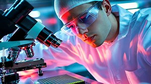 A scientist in a white cleanroom suit is captured in an intense close-up, carefully analyzing the microstructure of a semiconductor chip under a microscope. The reflection of lab e Stock Video