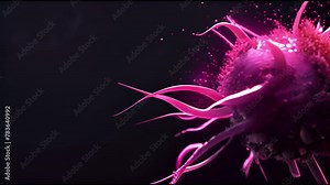 Neon pink cancer cell attacking tissue under microscope.