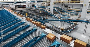 Overview Shot of an Automated Conveyor Belt Sorting Mechanism in a Logistics Center. Automatic Engineering Solution Scanning Barcodes, Preparing Parcels for Delivery to International Clients