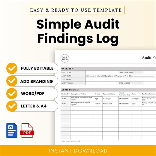 Simple Audit Findings Log Template – Word & PDF, A4   US Letter - Etsy