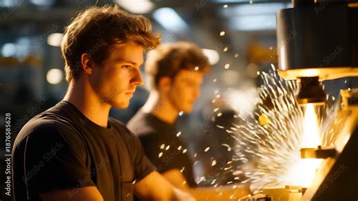 Inside a bustling machine shop where technicians are operating lathes and milling machines, emphasizing the skill and precision required in metalworking and the art of fabrication. cinematic color