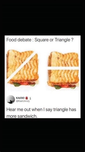 Johnny Bravo Explains Memes on Instagram: "Hey eeryone, Johnny here to explain. This meme plays on the long-standing lighthearted debate about how sandwiches should be cut — diagonally into triangles or straight across into rectangles — but adds a hilarious and illogical twist by suggesting that the triangle cut somehow results in "more sandwich." The image shows a toasted sandwich cut in both styles, visually identical in volume and content, since it’s literally the same sandwich divided differ
