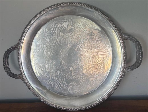 Vintage Silverplate Serving Tray With Handles • Ornate Engraved Round Tray • Partially Tarnished Silver Plate Bar Cart Decor - Etsy