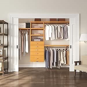 Wood Closet Organizer System with Shelves, 5 Drawers, & Hanging Rods - Wall Mounted Walk-in – Honey Maple Finish