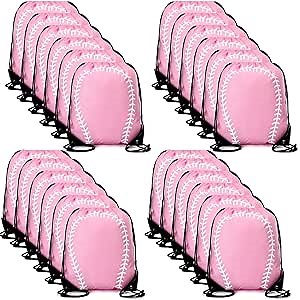 Sadnyy 24 Pcs Baseball Birthday Party Favors Baseball Drawstring Bags Softball Backpack Swag Bag Ideas Gift for Team(Pink, White)