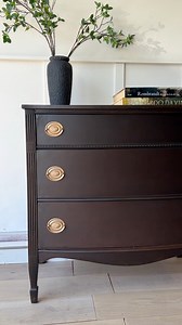This $15 thrifted dresser went from outdated to designer-level! ✨ I stripped the old finish, gave it a rich gel stain, and used a custom mix of water-based poly dark walnut stain to make the finish perfectly even. Comment DETAILS and I’ll send you a link to the full length tutorial that has all the links of everything I used. | Studio Adash