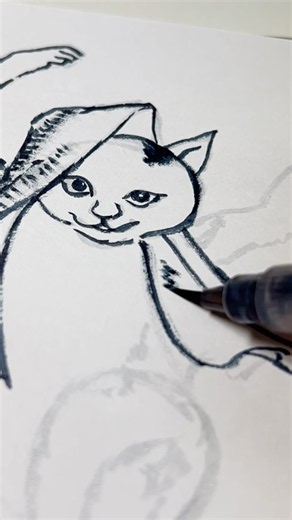踊る猫又を筆ペンで描く！ 歌川国芳風 浮世絵風 #drawing #illustration #猫イラスト