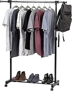 IRIS USA Portable Single-Rod Height Adjustable Clothes Rack with Extendable Bar and Lockable Wheels, Rolling Garment, Single Rod Wardrobe Rack, Easy Assemble, for Clothes, Belts, Shoes, and Bags