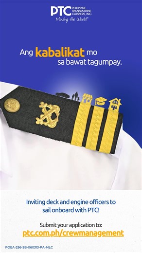 Apply now with PTC and set your course for a rewarding and fulfilling career onboard with PTC! Dito sa PTC, Sagot kita marino! Send your application now using this link: https://bit.ly/CareersAtPTC_JA1023 or visit our website at https://ptc.com.ph/crewmanagement/ ====== Philippine Transmarine Carriers, Inc. is an accredited manning agency with license DMW-002-SB-09152023-PA-MLC. We don’t collect any form of fees from applicants. Apply only at our official channels and beware of illegal recruiter