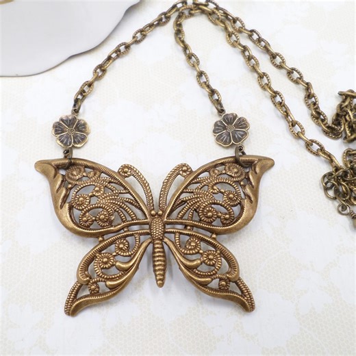 Brass Filigree Butterfly Necklace: Flower Handmade Cottagecore Jewelry - Etsy