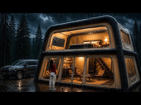 HEAVY RAIN CAMPING IN A GIANT 2-STORY LUXURY AIR TENT
