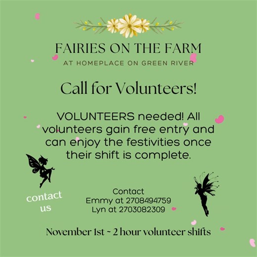 Would you like to volunteer with us for the Fairies on the Farm event on November 1st? We need folks who like dressing in family-friendly fantasy gear (or plain clothes are fine too) to help us out with our art and craft activities and a few other things around the farm. Come be a fairy with us and get into the event for free! | Homeplace on Green River, KY