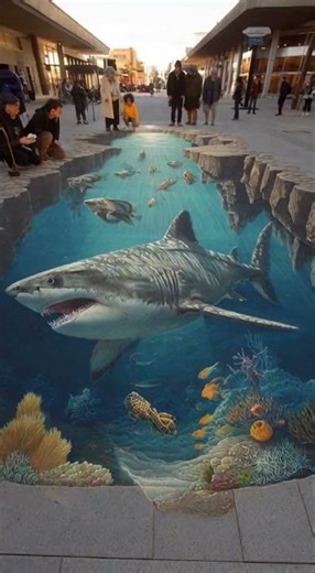 Shark as if alive Realistic 3D drawings on asphalt 3D drawings and pictures on asphalt