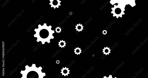 Animated White Rotating Gears Parallax Pattern on Black Background, Mechanical Engineering and Industrial Motion Graphics Loop, Teamwork and Process Abstract Design