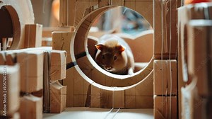 Guinea pig navigating a handcrafted cardboard maze, showcasing pet intelligence, exploration, and playful creativity in a unique environment.