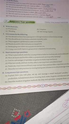 E. Write short note. (a) Poultrycare (b) Irrigation (c) Weeding... | Filo