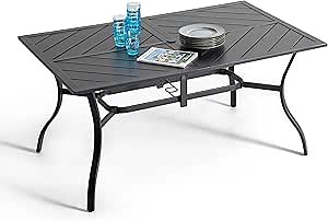 NUU GARDEN Outdoor Rectangle Dining Table, 61'' x 37'' Splice Tabletop with 1.77'' Umbrella Hole, Powder-Coated Iron Frames, for Outdoor or Indoor Space, Patio, Deck, Garden, Backyard, Kitchen, Black