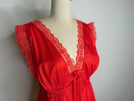 Vintage 1970s Red Lace Trim Long Nightgown • Romantic Sheer Sleepwear • Bridal Lingerie Dress - Etsy