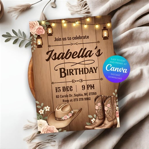 Rustic Cowboy Birthday Invitation, Western Boots, Editable Canva Template (digital Download) - Etsy