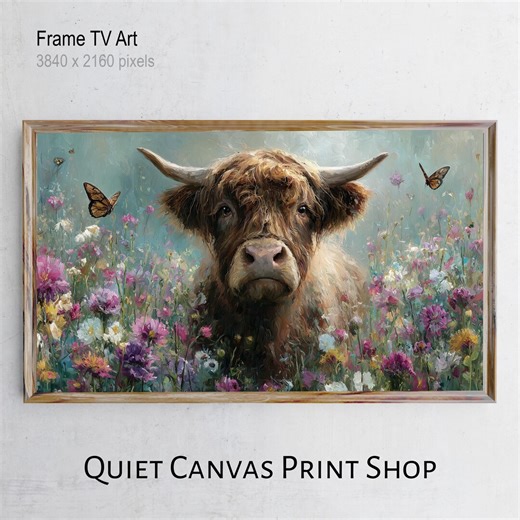 Rustic Highland Cow Frame TV Art, Pastoral Cottagecore Cow Print, Cute Rustic Wall Decor With Wildflowers & Butterflies, Digital - Etsy