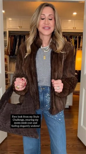 Suzanne Smith on Instagram: "“Pearls + vintage fur + rhinestone jeans + stilettos = Elegantly Undone ✨ Day 5 of my style challenge, and this one might be my favorite because it’s just SO me.✨ Day 5 Challenge: Create a look that’s “Elegantly Undone”—polished yet effortless, dressy yet comfortable. I wore my mom’s vintage fur coat (it still smells like her a little 💕), layered two strands of pearls with a cozy grey crewneck sweater tucked into rhinestone jeans, and of course—stilettos forever is 