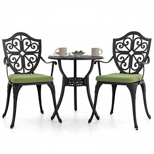 Nuu Garden 3 Piece Cast Aluminum Outdoor Bistro Set, Patio Bistro Set with Cushions and Umbrella Hole Rust-Resistant Outdoor Dining Set, Black&Green