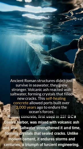 Ancient Roman concrete used volcanic ash to self-heal and grow stronger in seawater. #ancienthistory #archaeology #historyfacts | Ancestoria