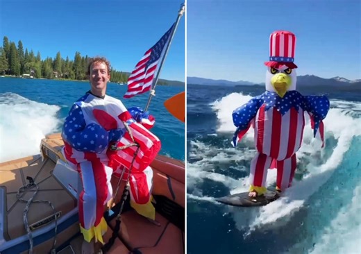 Mark Zuckerberg set social media alight by wakesurfing in an inflatable Patriotic Eagle suit on July 4th outside his massive Lake Tahoe estate - Luxurylaunches