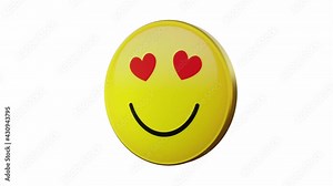 Animated smiling face with heart eyes spinning emoji background for apps or ad commercial with alpha channel. 3D 5 second loop in high quality 4K. Emoticon character motion graphic design.