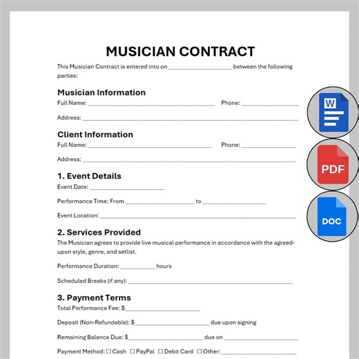 Customizable Musician Contract, Musician Collaboration Editable Template Form, Printable Gig Artist Partnership Performance Agreement PDF - Etsy