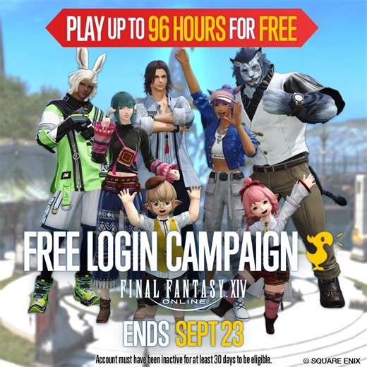 The FFXIV Free Login Campaign is back! ✨ http://sqex.to/ig9gP From today until Sept. 23, eligible players will be able to play free for a limited time! If you or any of your friends have been on a break, now's your chance to catch up on the latest patch! | FINAL FANTASY XIV