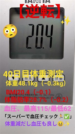 40日目体重記録…&体組成結果✨️&今日の血圧発表🙊体重がやっと0.3kg減ってた！！しかも血圧も標準値😁意外と健康的!?いやいや、まだまだ筋肉女子目指します💪🏃💨#ダイエット記録 #ズボラ女子