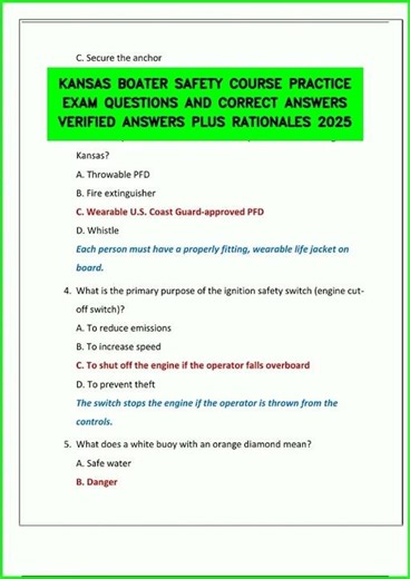 KANSAS BOATER SAFETY COURSE PRACTICE EXAM QUESTIONS AND CORRECT ANSWERS VERIFIED ANSWERS PLUS RATION