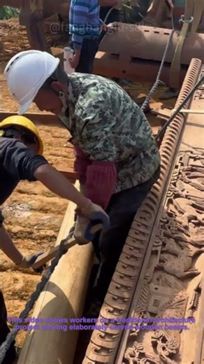 Traditional Architecture Construction: Moving Intricately Carved Wooden Beams