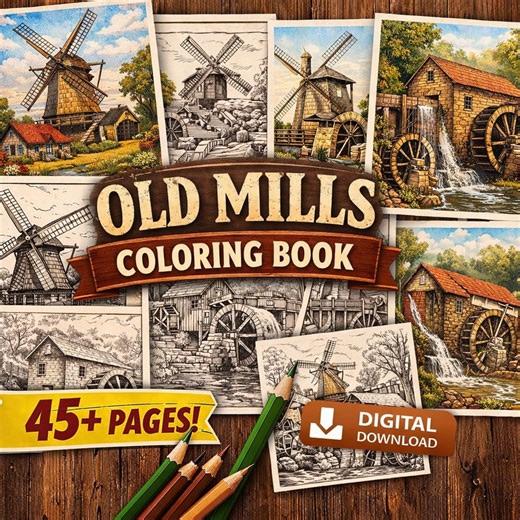 Intricate Old Mills & Windmills Adult Coloring Book | 46 Detailed Countryside Line Art Pages - Etsy