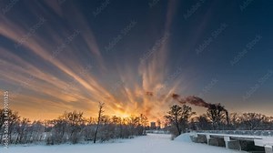 Dobrush, Gomel Region, Belarus. Time Lapse Timelapse Time-lapse Of Old Paper Factory Tower In Winter Morning. Sun In Sunrise Over Historical Heritage