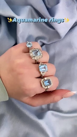 The color of aquamarine rings is just so beautiful! Like swimming in the blue ocean-of jewels! Which ring is your favorite?! 🦋💙🔹🐋#aquamarine #gem #stone #ocean #water #blue #beautiful #jewelry #rings #engagementring #explorepage #reel | Estate Diamond Jewelry