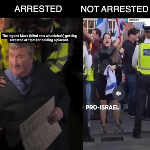 British Justice is no longer based on the interests of British society. The arrest of people opposing genocide is an overreach that deviates from core principles of fairness and liberty embedded in the UK’s common law heritage and human rights framework. When one person can be arrested for holding this sign whilst another can mime cutting the throats of protestors, watched by police, with no consequence, the law is an ass. | The Daily Politik