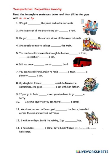 Transportation (By, In, On) worksheet