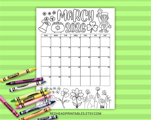 March 2026 Coloring Calendar Printable Monthly Calendar Page for Kids, St Patricks Day Coloring Activity - Etsy