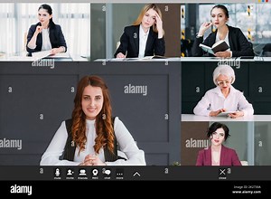 Group video call. Business telework. Online interview. Collage of female leader speaking to pensive team working from home in virtual office on screen Stock Photo - Alamy