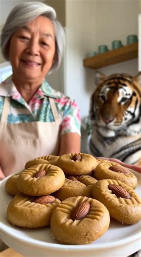 🥜 Grandma’s Recipe Tutorial: Flourless Almond Peanut Butter Cookies Craving cookies but don’t want to use flour? This one is super easy: lightly crisp on the outside, rich peanut butter aroma inside, with a whole almond in the center for extra bite—the more you chew, the better it gets. Ah Hu the tiger just sniffs the air and gently swishes his tail nearby, never stealing the spotlight. ⏰ Time Guide Prep: 8–10 minutes Bake: 10–12 minutes (depending on oven strength) Cool: 10 minutes (they get c