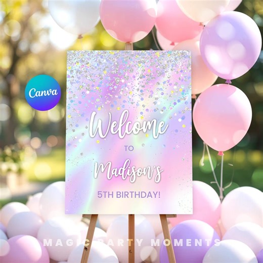Editable Birthday Welcome Sign Template | Rainbow Glitter Neon Party | Pink Pastel Girls Birthday Decor | Printable Digital Download - Etsy
