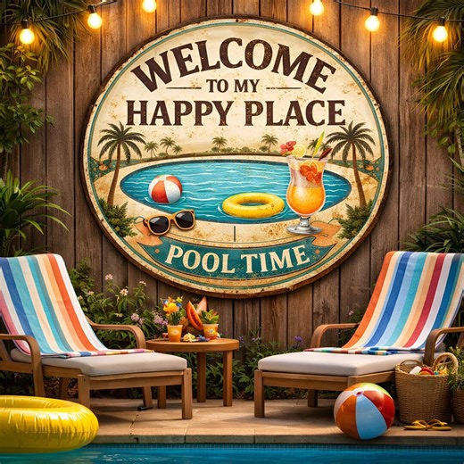 Welcome to My Happy Place Pool Sign, Summer Pool Time Metal Sign, Outdoor Beach House Wall Art, Backyard Oasis Sign - Etsy