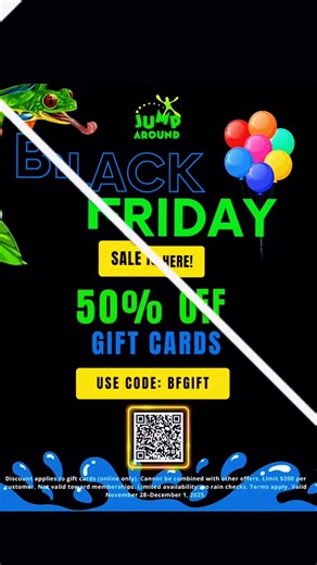 The BIGGEST Black Friday Deal Is HERE! For a limited time only, get 50% OFF Gift Cards with code BFGIFT — our lowest price of the year! Stock up now and use them later 🎉 Purchase link in the comments. Perfect for holiday gifts, party savings, or future jump sessions! ⏰ Valid November 28–December 1. Online only. Limit $200 per customer. Don’t wait — this deal won't last long! ️ | Jump Around Now