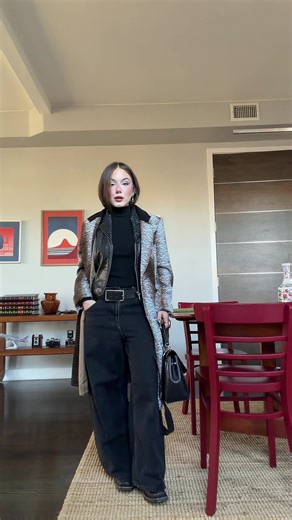 brunch outfit - vintage coat - thrifted leather vest - Uniqlo jeans - Etsy belt - depop Harley boots