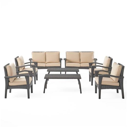 Noble House Atticus Brown 8-Piece Faux Rattan Outdoor Patio Conversation Set with Tan Cushions 66723 - The Home Depot