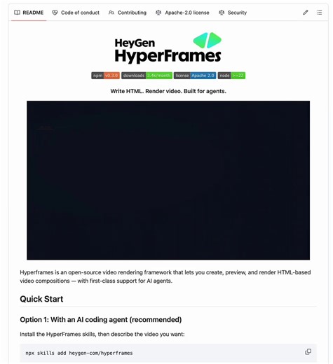 Claude Code 现在可以编写并渲染视频了。Hyperframes 预装了 Claude Code 的技能。你只需描述视频内容，Claude Code 就会编写 HTML 组合，并在你的本地机器上将其渲染为 MP4。只需三条命令。无需任何云端调用。同样适用于 Cursor 和 Gemini CLI。100% 开源。